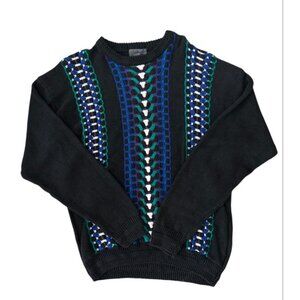 Vintage Etchings Men's Large Black Knit Sweater With Blue Green